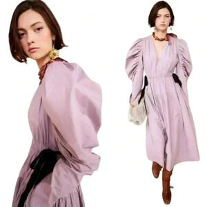 ULLA JOHNSON Gathered Midi Dress 2 Puff Sleeve Althea Tiered Skirt Cotton Bows